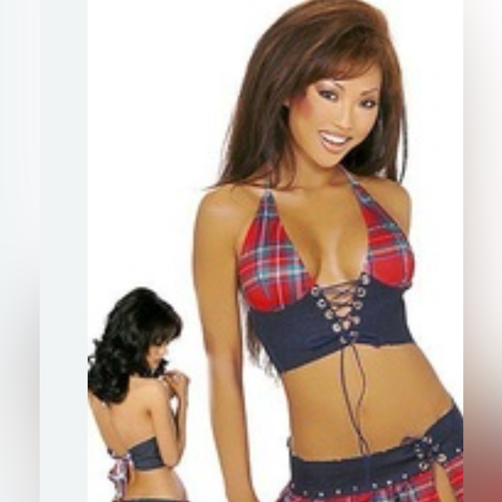 Vintage Sexy J. Valentine Stretch Denim and Plaid Lace-Up Halter Crop Top